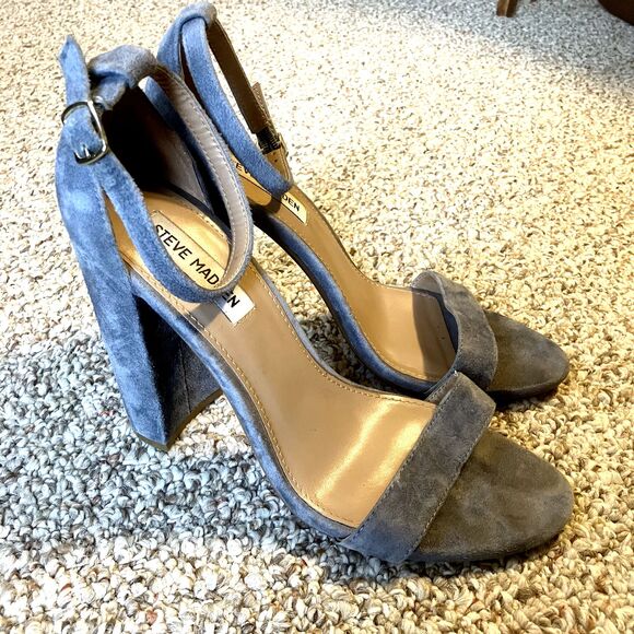 STEVE MADDEN Carrson Blue Suede Ankle Strap Open Toe Block Heels Size 9.5 - Picture 1 of 10